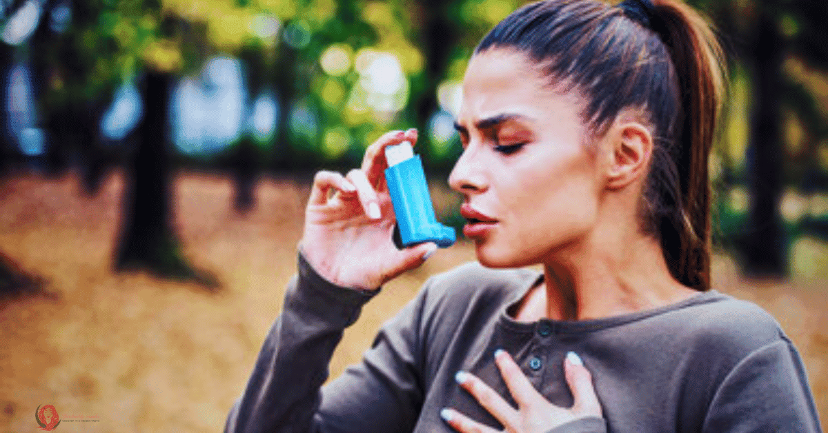 Young women using inhaler during an asthma attack 